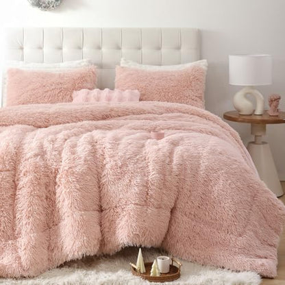 Smoofy Fluffy King Size Comforter Set, Blush Pink Faux Fur Comforter 3 Pcs
