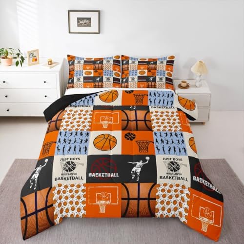 Homewish Boy Basketball Comforter Set Queen Size,Ball Sport Games Bedding Sets 3Pcs for Teens Room Decor,Basketball Player Silhouette Quilted Duvet Modern Patchwork Plaid Down Comforter,2 Pillowcases