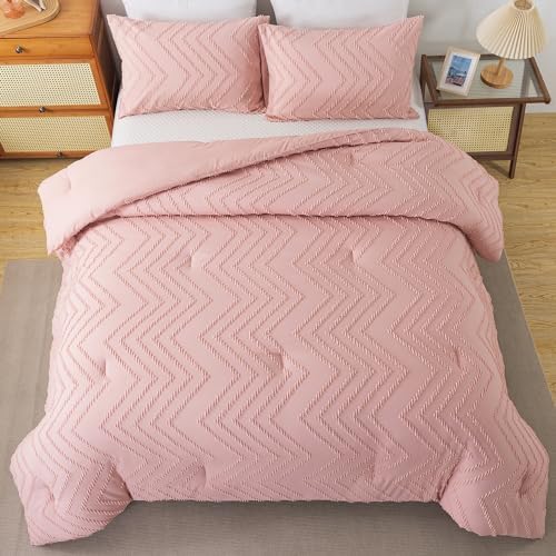 Andency Blush Pink Comforter Set Queen Size, 3 Pieces Boho Bed Set