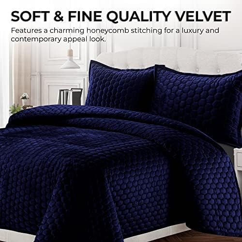 Tribeca Living Lugano Oversized Velvet Quilt Set - All Season, Extra Large, 2 Piece Twin Size Comforter Set with 1 Pillow Sham in Navy Blue Honeycomb Pattern 260GSM