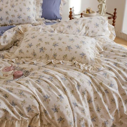 Romantic Ruffle Lace Duvet Cover Set Twin XL Size, Vintage Flower Botanical Duvet Cover Floral Cottagecore Bedding Set, Soft Lightweight 100% Cotton Princess Lace Comforter Cover with Zipper Closure