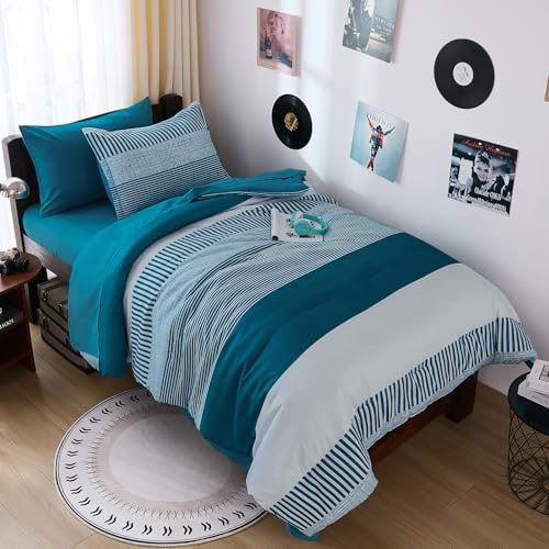 Cottolester Kids Comforter Sets,Teal Green Striped Comforter Set Twin Size