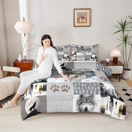 Manfei Wolf Kids Comforter Set Twin Size,Wolf Paws Print Pine Trees Wild Adventure Bedding Set,Boys Girls Adults Room Decor,Geometric Plaids Patchwork Down Comforter,Rustic Duvet Insert,1 Pillowcase