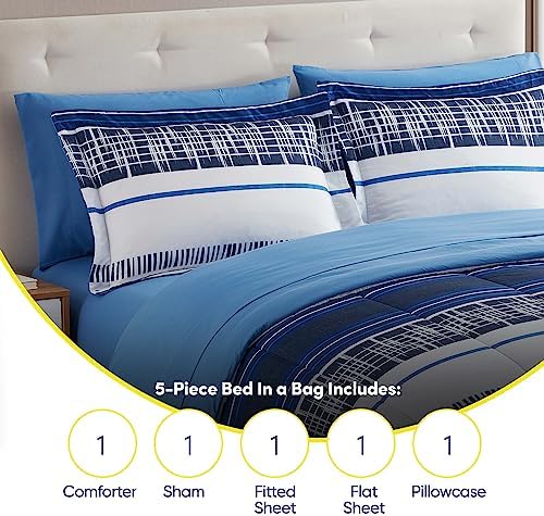 Sweet Home Collection 5 Piece Comforter Set Bag Solid Color All Season Soft Down Alternative Blanket & Luxurious Microfiber Bed Sheets, Mediterranean, Twin