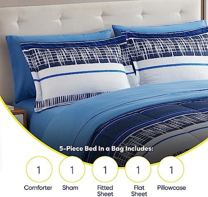 Sweet Home Collection 5 Piece Comforter Set Bag Solid Color All Season Soft Down Alternative Blanket & Luxurious Microfiber Bed Sheets, Mediterranean, Twin