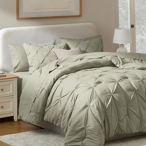 Nestl 9 Piece Queen Comforter Set – Light Sage Pinch Pleated Bed in a Bag – Complete Queen Size Bedding Set with Sheets, Set of 2 Cooling Pillows, Pillowcases and Shams
