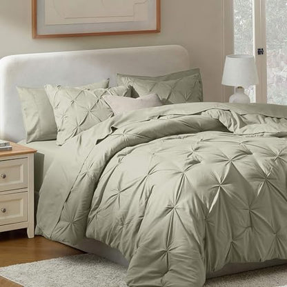 Nestl 9 Piece Queen Comforter Set – Light Sage Pinch Pleated Bed in a Bag – Complete Queen Size Bedding Set with Sheets, Set of 2 Cooling Pillows, Pillowcases and Shams