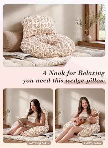 INSEN Wedge Pillow Set for Sleeping and After Surgery, Use for Acid Reflux, Reading and Relaxing, Headboard Pillow for Sitting in Bed, Brown Flower