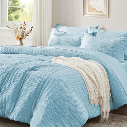 Queen Comforter Set 7 Piece, Light Blue Bed in a Bag Queen Bedding Sets