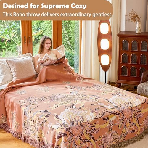 VANJOROY King Boho Throw Blanket 91" x 98", 100% Organic Cotton Breathable Skin-Friendly Ultra Soft Bed Quilt Throw - Floral Rustic Decor Luxury Reversible Blanket for Sofa Couch Chair and Gift