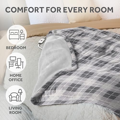 Sunbeam Electric Throw Royal Luxe Microplush Heated Blanket, 4 Heat Settings, 4-Hour Auto Shut-Off, Fast Heating, Warm and Cozy, Grey Rodeen Plaid, 50" x 60"