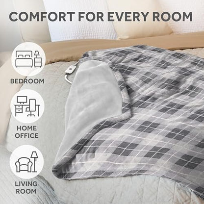 Sunbeam Electric Throw Royal Luxe Microplush Heated Blanket, 4 Heat Settings, 4-Hour Auto Shut-Off, Fast Heating, Warm and Cozy, Grey Rodeen Plaid, 50" x 60"