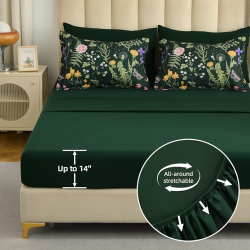 Yiran Floral Twin Comforter Set with Sheets, 6 Piece Bed in a Bag with Botanical Flowers Patterns, Dark Green Bedding Set Girls Soft Lightweight Complete Comforters with Sheets for Women