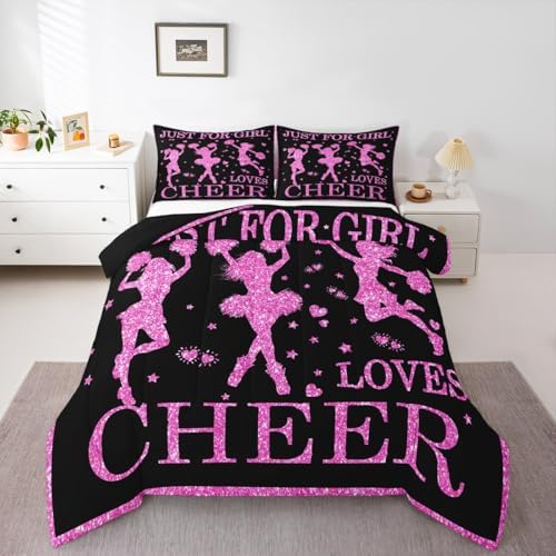 Just for Girl Loves Cheer Comforter Set King Teen Girls Cheer Sports Bedding Sets for Cheerleader Gifts,Pink Purple Glitter Sequins Quilt Duvet Love Hearts Star Decor Comforter Black Room Decor 3 Pcs