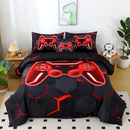 6 Pieces Kids Gaming Bedding Set Black and Red Twin Comforter Set for Boys 3D Video Game Teen Boy Bed in A Bag Honeycomb Gamer Comforter and Sheet Set (Black Red, Twin)
