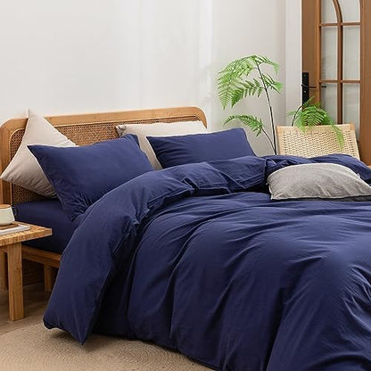 BESTOUCH Cotton Solid Duvet Cover Set Linen Feel Navy Blue King