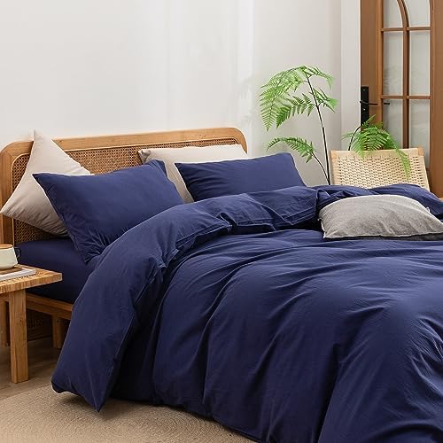 BESTOUCH Cotton Solid Duvet Cover Set Linen Feel Navy Blue Queen