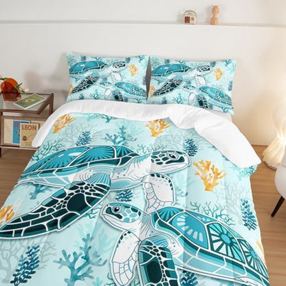 HOSIMA Coastal Beach Themed Sea Turtle Twin Comforter with 2 Pillowcases.