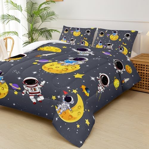 Grey Space Theme Comforter Set Twin ，Astronaut Twin Bedding Sets for Boys ，Twin Size Galaxy Bedding Set for Kids ，Outer Space Bedroom Decor for Boys