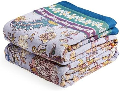 VANJOROY Boho Throw Blanket 60" x 80", 100% Organic Cotton Breathable Ultra Soft Bed Purple Quilt Throw - All Season Luxury Floral Farmhouse Decor Blanket for Sofa Couch Chair and Gift.