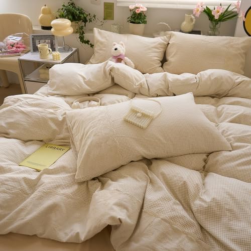 LifeTB Tan Gingham Comforter Set Queen Princess Lace Style Beige Taupe Plaid Comforter Set Soft Fluffy Grid Farmhouse Gingham Bedding Set Vintage Plaid Checkered Comforter with 2 Pillowcases