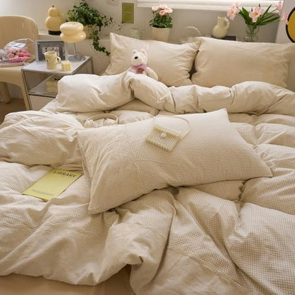 LifeTB Tan Gingham Comforter Set Full Romantic Lace Style Beige Taupe Plaid Comforter Set 3 Pieces Vintage Checkered Grid Comforter with 2 Pillowcases Fluffy Soft Farmhouse Gingham Bedding Set