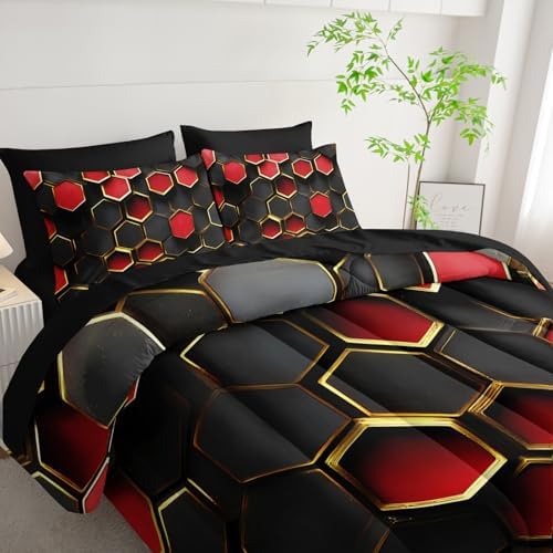 7 Piece Red and Black Comforter Set King Checkered，King Size Checkered Bedding Set，(1 Comforter, 1 Flat Sheet, 1 Fitted Sheet, 2 Pillowcase and 2 Pillow Sham)