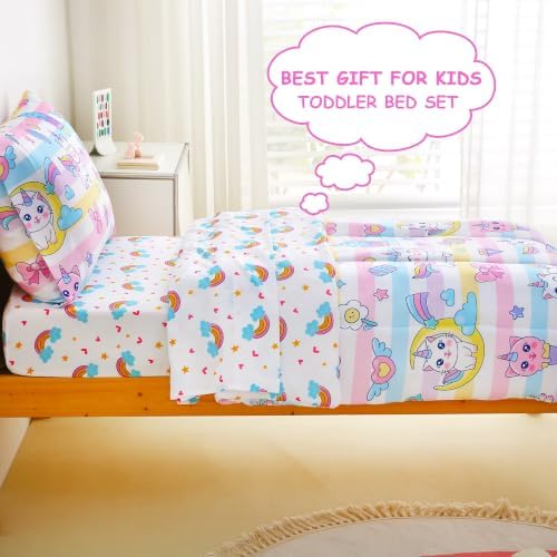 Mooreeke Toddler Bedding Sets for Girls,4 Pieces Cat Rainbow Printed