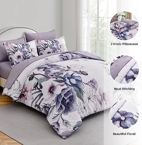 Luxudecor Floral Comforter Set Full Size 7 Piece, Purple Flower Bed in a Bag, Elegant Floral Comforter with Sheet Set, Soft Microfiber Bedding Set for All Season (Purple, 80"x90")