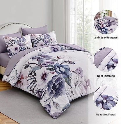 Luxudecor Floral Comforter Set Full Size 7 Piece, Purple Flower Bed in a Bag, Elegant Floral Comforter with Sheet Set, Soft Microfiber Bedding Set for All Season (Purple, 80"x90")
