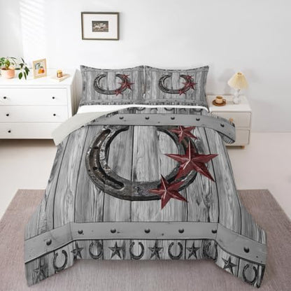 Castle Fairy Grey Rustic Barn Comforter Set Western Cowboy Horseshoe Bedding Set Queen Size for Kids Boys Adults Teens Room Decor Vintage Farmhouse Wooden Quilt Set Star Horseshoe Duvet Insert 3pcs
