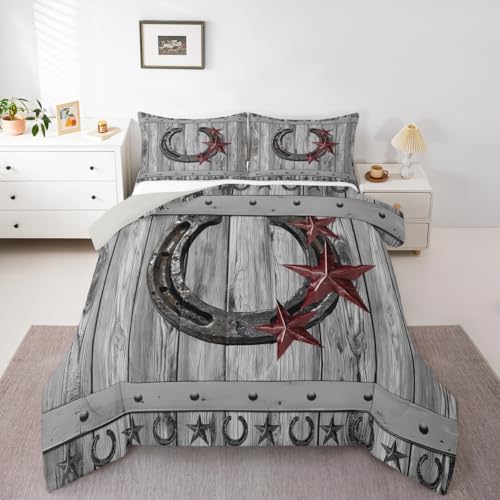 Castle Fairy Grey Rustic Barn Comforter Set Western Cowboy Horseshoe Bedding Set Twin Size for Kids Boys Adults Teens Room Decor Vintage Farmhouse Wooden Quilt Set Star Horseshoe Duvet Insert 2pcs