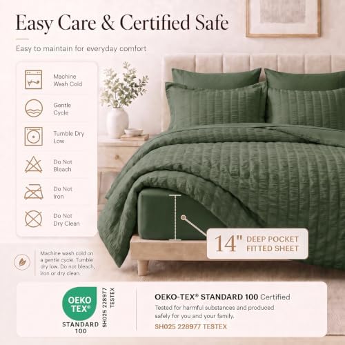 CozyLux Full Size Comforter Set 7 Pieces Dark Green Seersucker Bed in a Bag