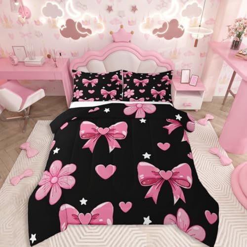 jejeloiu Bowknot Comforter Set All Season Black Pink Bedding Set with 2 Pillow Cases Pink Bow Microfiber Kids King Bedclothes Colourful Bowknot Bedroom Decor Duvet Quilt Breathable