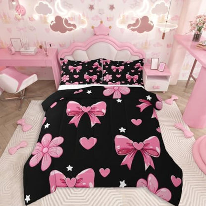 jejeloiu Bowknot Comforter Set All Season Black Pink Bedding Set with 2 Pillow Cases Pink Bow Microfiber Kids King Bedclothes Colourful Bowknot Bedroom Decor Duvet Quilt Breathable