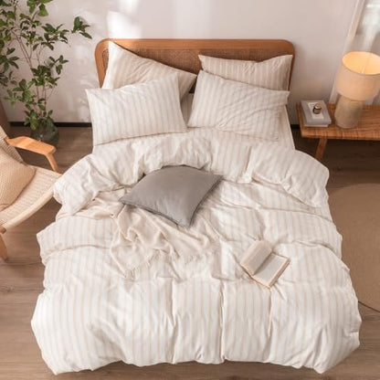 BESTOUCH Striped Cotton Duvet Cover Set Linen Feel Super Queen