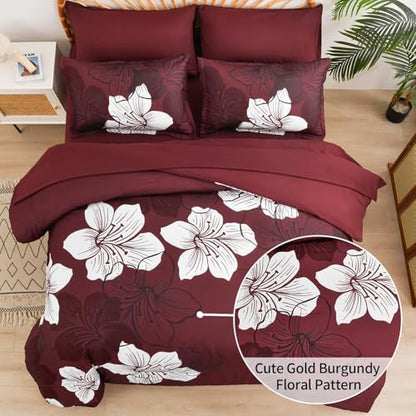Luxudecor 7 Pieces Full Size Comforter Set, Burgundy Bed in a Bag Floral Comforter and Sheet Set, Soft Microfiber Complete Bedding Set for All Season 78"×90"