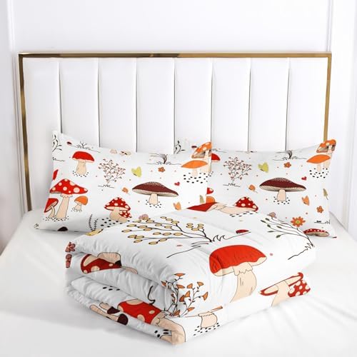 Nttopship Cartoon Mushroom Comforter Sets Full Size，Bedding Sets for Kids,Colorful Mushrooms and Butterflies Comforter Sets，Kids Room Decor with 1 Comforter with 2 Pillow Case