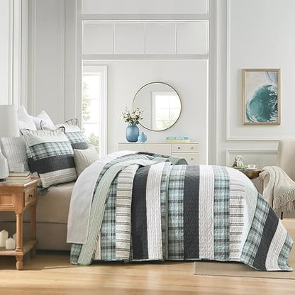 Homzard 100% Cotton Quilts Queen Size Teal White Plaid Farmhouse Plaid Striped Bedspread Set,Lightweight Breathable Comforter Reversible Coverlet All Season 3 Pieces