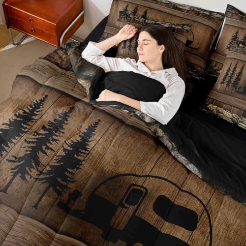 King Happy Camping Decor Comforter Set 7 Pieces, Rustic Camper Reversible Bed In A Bag Camper Accessories For Travel Trailers Bedding Set Camper Comforter, Flat Sheet, Fitted Sheet, Pillowcases