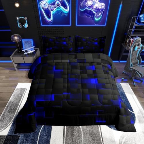 Erosebridal Black Navy Royal Blue Comforter Set King Neon Geometric Checkered Bedding Set for Teen Boys Gamer Room Decor,Abstract Stereoscopic Grids Quilt Square Plaid Check Bed Set 3 Pcs