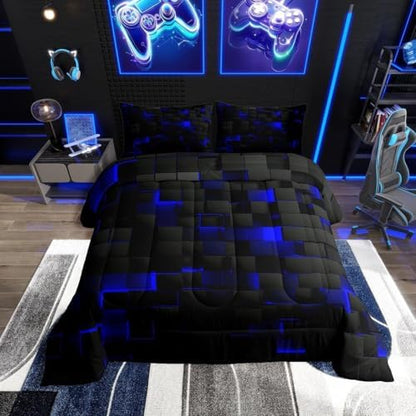 Erosebridal Black Navy Royal Blue Comforter Set King Neon Geometric Checkered Bedding Set for Teen Boys Gamer Room Decor,Abstract Stereoscopic Grids Quilt Square Plaid Check Bed Set 3 Pcs