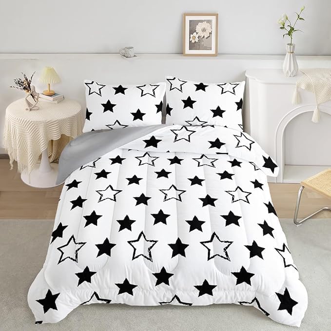 Axolotl Kids King Bedding Comforter Set,3Pcs Cute Black and White Stars Quilt Set for Kids,Geometric Stars Bedding with 1 Comforter 2 Pillowcases for Boys Girls Teens Adults Room Decor All Season