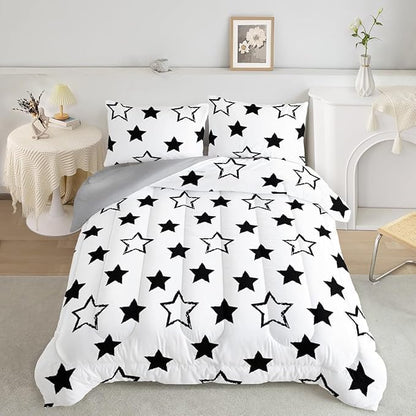 Axolotl Kids King Bedding Comforter Set,3Pcs Cute Black and White Stars Quilt Set for Kids,Geometric Stars Bedding with 1 Comforter 2 Pillowcases for Boys Girls Teens Adults Room Decor All Season