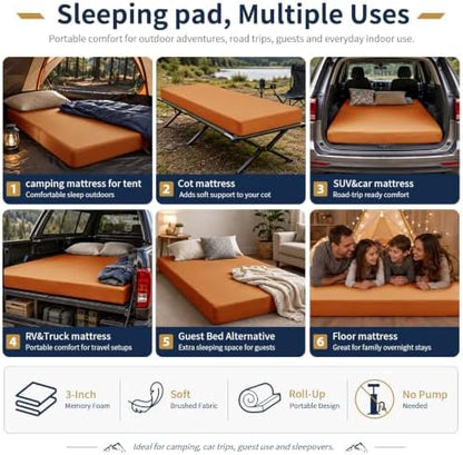 CYMULA Memory Foam Camping Mattress Pad,Sleeping Pad for Camping,Non-Slip Bottom Floor Car Mattress Bed with Retaining Portable Roll up Mattress Pad Mat for Travel Truck Guest Bed Tent