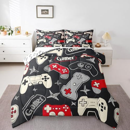 Kids Gamer Comforter Set Queen Size,Gaming Bedding Set for Boys Teens Adults Room Decor,Video Games Controller Colorful Buttons Duvet Insert 3Pcs,Hand Drawn Stars Gamepad Quilt Set,2 Pillowcases