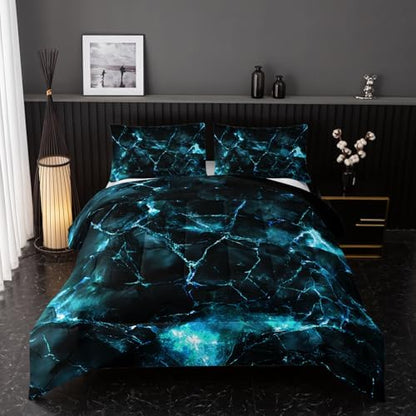 Nttopship Blue Comforter Set Full Size，Blue Marble Bedding Set 3 Pcs Bedding for Adults, Marble Room Decor with Comforter and 2 Pillowcases Soft and Lightweight B-Side Black