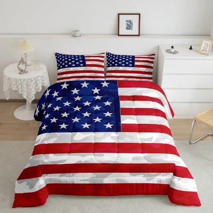 Feelyou American Flag Bedding Set Camouflage USA Flag Comforter Set Army Camo Flag Comforter Blue Red and White Stars Down Alternative Comforter for All Season Room Decor Twin Size