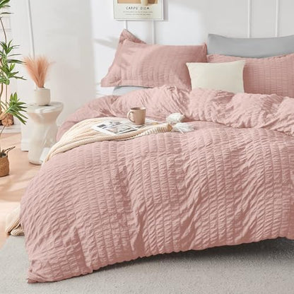 HYMOKEGE Rose Gold/Light Grey California King Comforter Set Seersucker 7 Pieces, All Season Luxury Bed in a Bag for Bedroom, Bedding Set with Comforter, Sheets, Pillowcases & Shams