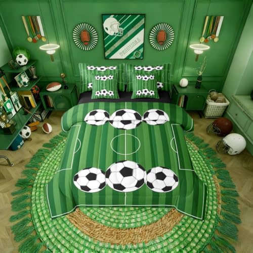 Erosebridal Playground Soccer Green Boys Kids Full Comforter Set 7 Pieces | Football Court Gaming Bed in A Bag for Bedroom Ball Games Bedding Set with Comforters Hexagon Honeycomb Room Decor
